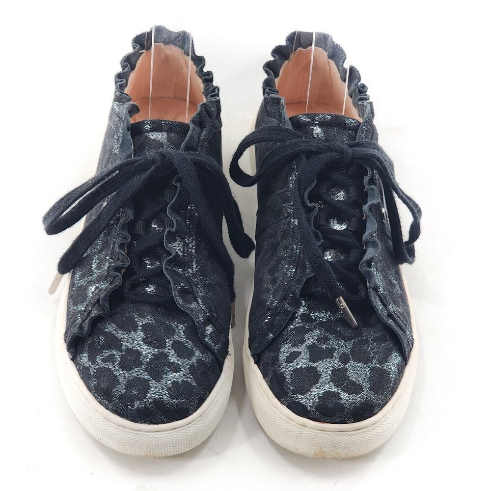 KATE SPADE Lynn Leather Metallic Leopard Print Sneakers Ruffle Black Silver
